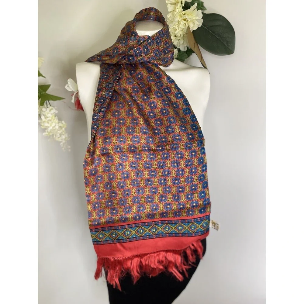 Vintage 100% Silk Rectangular‎ Scarf Japanese Fringe Red Blue Multi 12